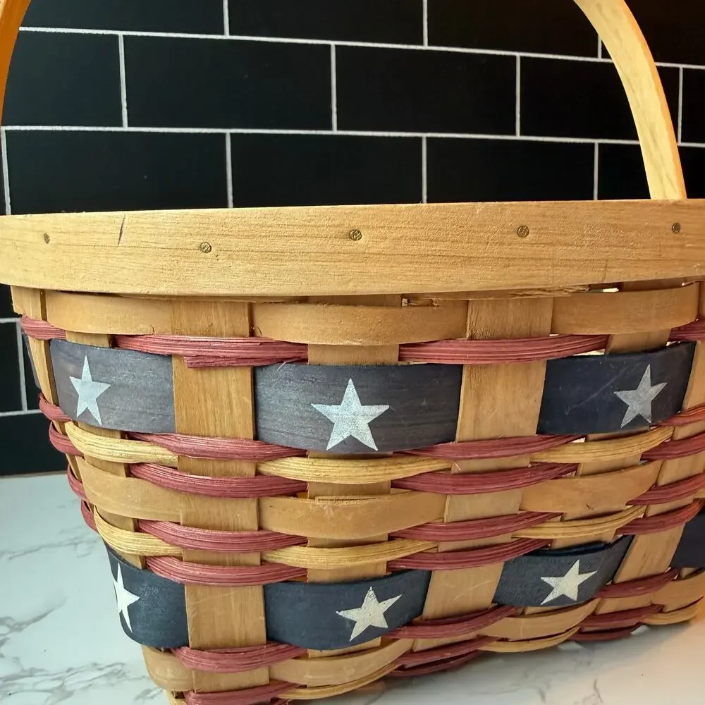 Vtg Woven Wood Basket Square Storage Americana Red Patriotic
